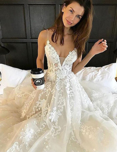 Spaghetti Straps V-neck Lace Boho Beach Bride Dress
