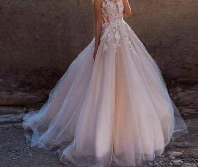 Scoop Illusion Lace Tulle Sweep Train Bridal Dress