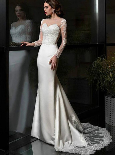 Appliques Lace Long Sleeves Mermaid Wedding Dress