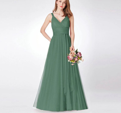V-neck Sleeveless A-line Tulle Bridesmaid Dress