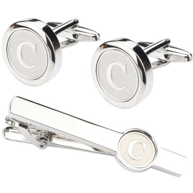 Silver A-Z letter Cufflinks Tie Clip Set