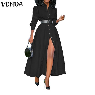 Loose Long Sleeve Shirt Dress 2021 VONDA Fashion Womens Vintage Solid Color Dresses OL Office Sexy Split Party Long Vestidos 5XL