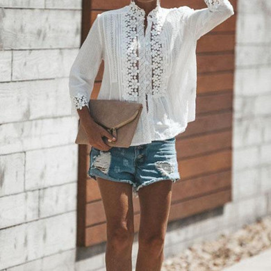 High Neck  Single Breasted  Patchwork Plain  Blouses