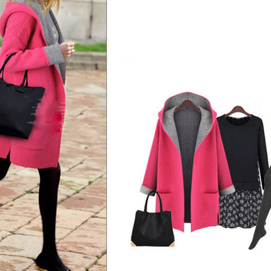 Hooded Patch Pocket Woolen Color Block Coat