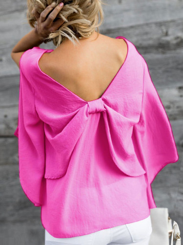 V-Neck Bowknot Plain Three-Quarter Sleeve Shirt