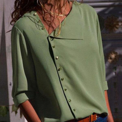 Button Irregular Diagonal Collar Long Sleeve Blouses