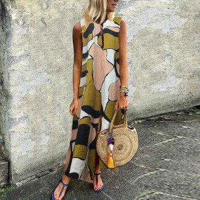 Casual Cotton/Linen Printed Sleeveless Dress