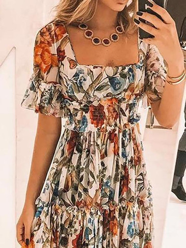 Sexy Short Sleeves Floral Print Off Shoulder Maxi Dress