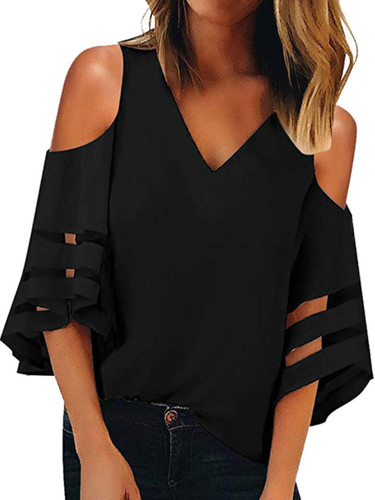 V-Neck Strapless Shoulder Patchwork T-Shirt