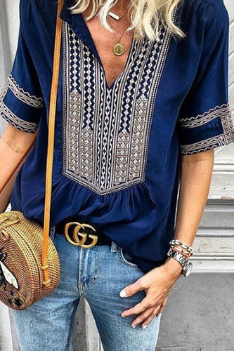 V Neck Embroidered Patchwork Printed T-Shirts