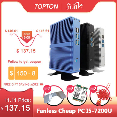 Topton Fanless Mini PC Intel i5 7200U i3 7100U DDR4 DDR3 Nuc Computer Linux Windows 10 Pro 1*mSATA 1*2.5‘’SATA 4K HTPC HDMI VGA