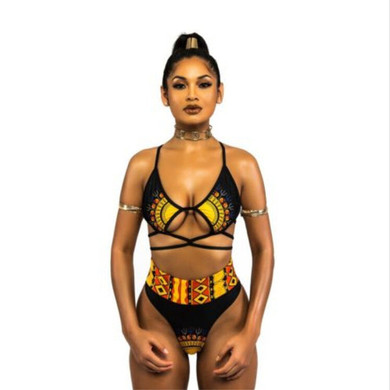 African Print Two-Pieces Geometric Golden High Waist Swimming Suit