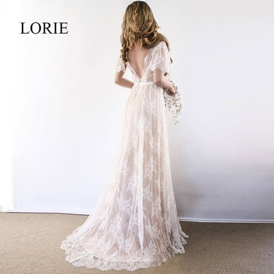 LORIE Boho Wedding Dress 2020 V Neck Cap Sleeve Lace Beach Wedding Gown Cheap Backless Custom Made A-Line Bride Dresses Elegant