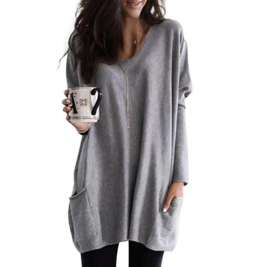 V-neck Loose Solid Color Long Sleeve Pocket Tops V-neck Loose Solid Color Long Sleeve Pocket Tops