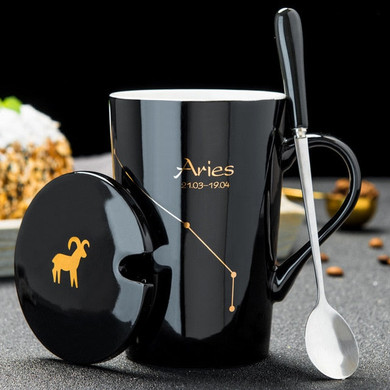 12 Constellations Creative Ceramic Mugs with Spoon & Lid