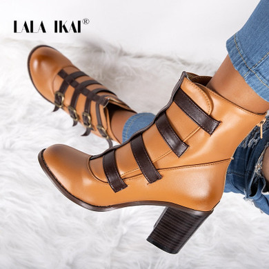 Brown PU Leather Ankle Boots