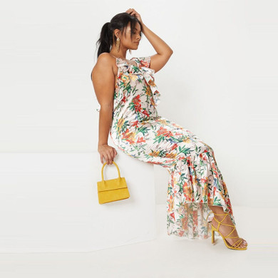 Flower Print Plus Size Asymmetrical Hem Maxi Dress
