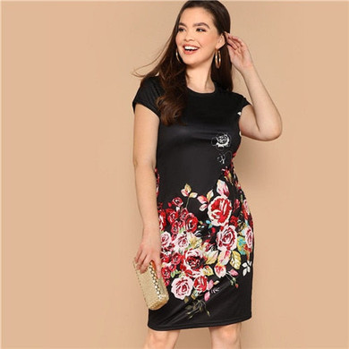 Plus Size Floral Print Cap Sleeve  Pencil Dress
