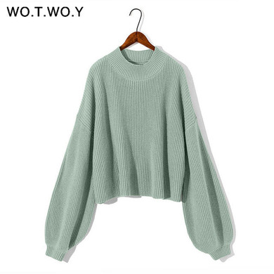 WOTWOY Lantern Sleeve Cropped Sweater Women Autumn Winter Oversized Knitted Sweaters Women Loose Pullovers Femme Crop Tops 2020