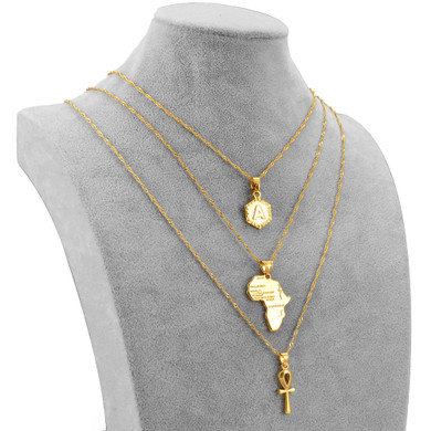 3 Pc Necklace Set - Africa Map + Ankh Pendant + Initial Necklace