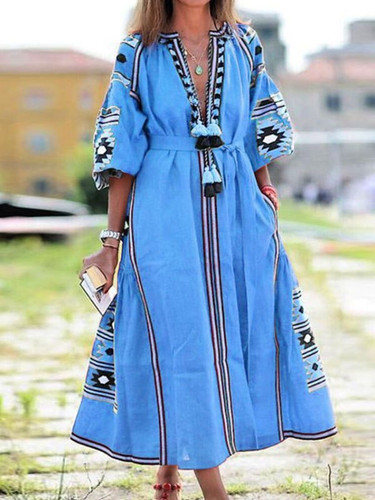 Women's Boho Printed Embroidered V-Neck Long Dress