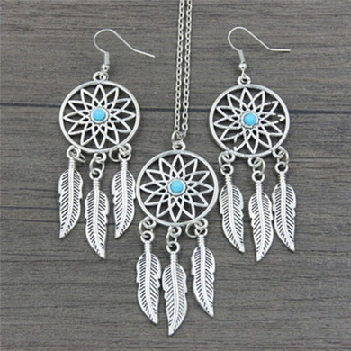 Feather Dream Catcher Necklace Earrings Jewelry Set