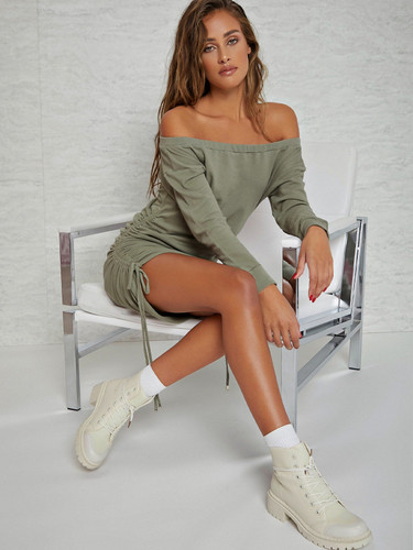 Ruched Drawstring Off-the-Shoulder Mini Dress