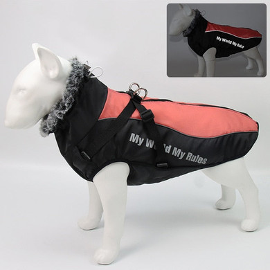 Large Dog Fur Collar Waterproof Coat With Removable Harness
