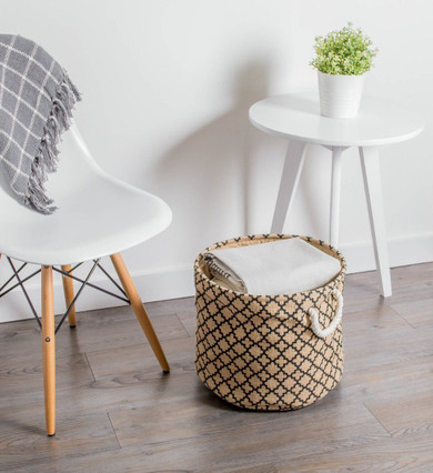 Burlap Bin Lattice Black Round Large 15X16X16 - Basket and Storage