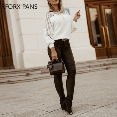 Solid Guipure Lace Lantern Sleeve Sweater  Long Sleeve Sweater Women Top