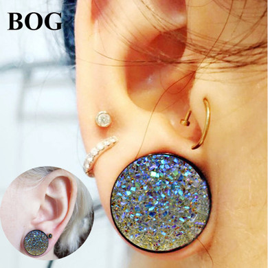 BOG- PAIR Druzy Double Flared Wood Flesh gauges 8-18mm