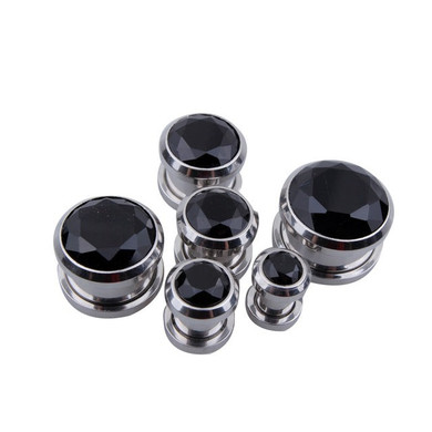 1 Pair Black color Crystal Ear plug Stainless Steel 4mm to 16mm