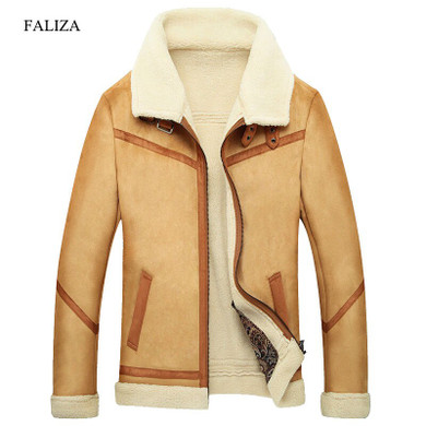 FALIZA New Winter Leather Coats Mens Faux Fur Coat Male Leather Jacket Fleece Lined Velvet Thick Slim Thermal Fur Jacket Men JKF