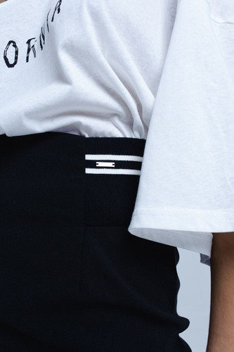 Black Skirt With Elastic Side Detail and White Stripes