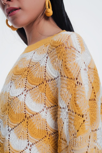 Yellow Striped Sweater With Open Knit Detail