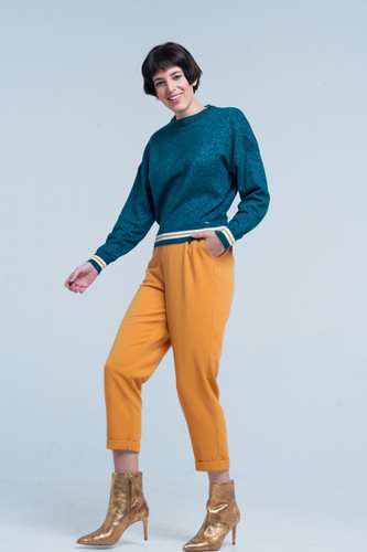 Green Glitter Sweater With Stripe Details
