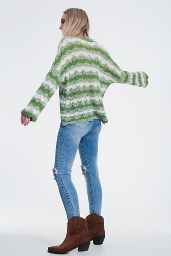 Green Striped Sweater With Open Knit Detail
