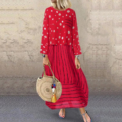 Women Polka Dot Large Loose Fake Two-Piece Cotton Linen Dress