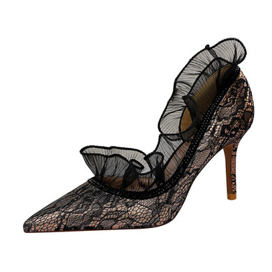 Women Pointed Toe Rhinestone Lace Stiletto Heel