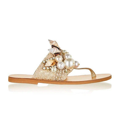 Women Lace Pearl Shell Decoration Flat Beach Slippers