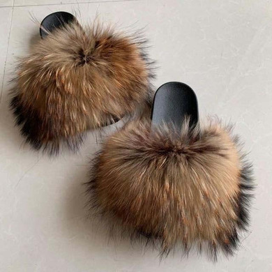 Women Cute Fashion Fox Fur Slides Beach Slippers