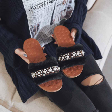 Women Pearl Fur Fashion Flat Slippers
