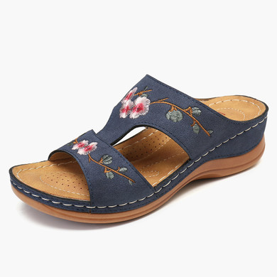 LOSTISY Women Flower Embroidery Open Toe Casual Summer Wedge Sandals