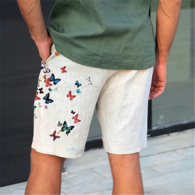 Men&#39;s linen and cotton shorts with butterfly print