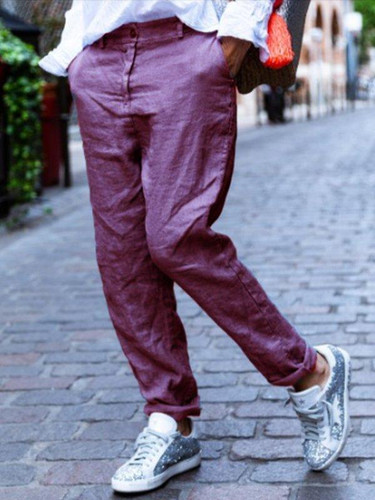 Solid Cotton-Blend Casual Pockets Pants Solid Cotton-Blend Casual Pockets Pants