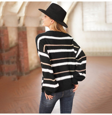 Woman Sweaters Autumn Winter Long Sleeve Tops Clothes Casual Loose White Striped Stitching Knitted Pullover Sweater Fall