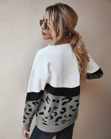 Sweater Women Leopard Patchwork Autumn Winter Ladies Long Sleeve Jumper Pullover Sweaters Top Brown Fashion Womens Clothing