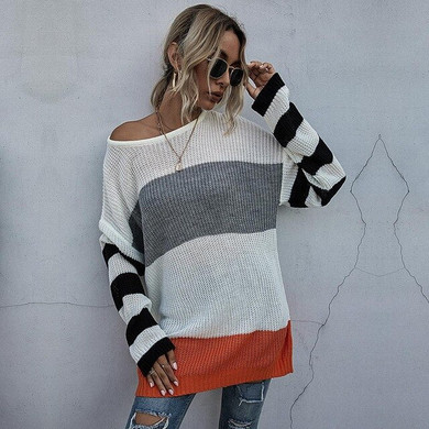 Long Sweaters Woman Autumn Winter Stitching Striped Long Sleeve Knitted Tops Pullover Sweater Fall  Fashion Womens Clothes