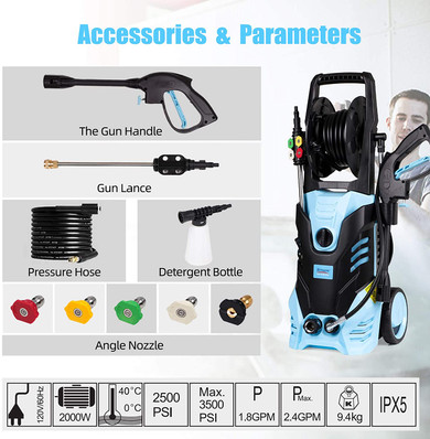 Portable High Power Washer with Spray Gun 5 Nozzle Adapter, Hose Reel and Detergent Tank