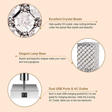 Touch Control Crystal Table Lamp with USB Ports and AC Outlet.